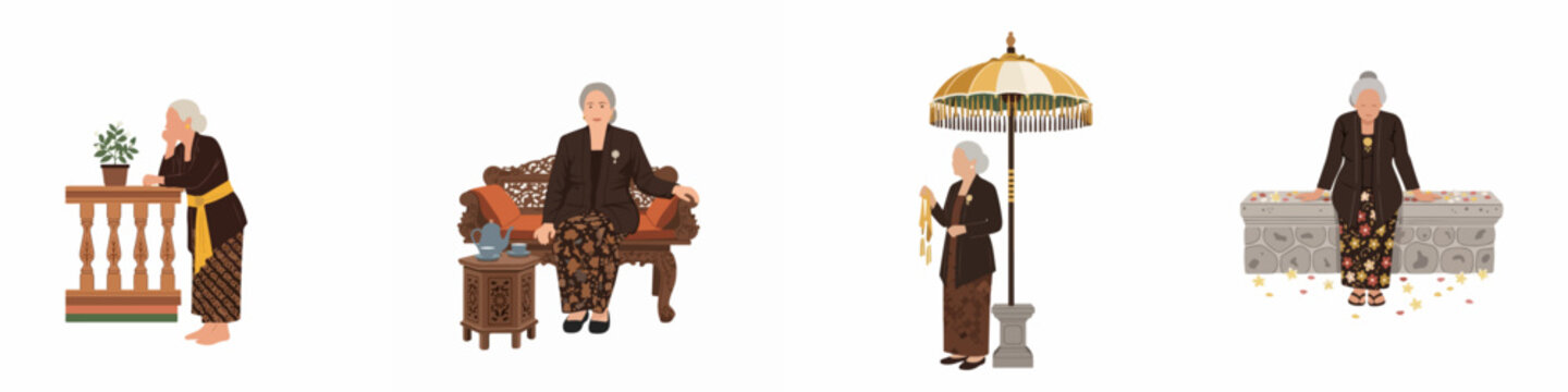 Illustration set of an elderly Indonesian woman in traditional Javanese Kebaya and Batik attire, featuring various cultural poses and settings.