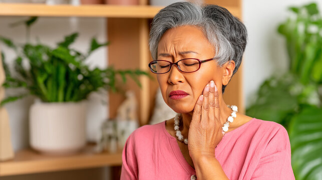 Older woman with glasses holding her cheek in pain while suffering from toothache at home, elderly woman