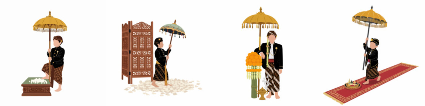 Set of Javanese boys in traditional attire for ceremonial rituals including umbrellas, batik, and cultural symbols, flat vector illustration isolated on white.