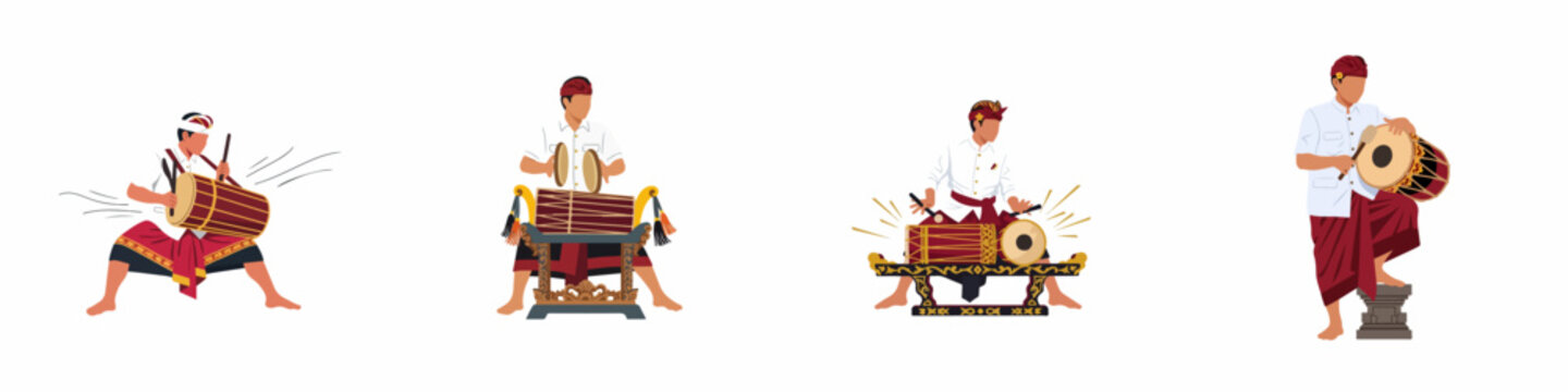 Set of Balinese musicians in traditional attire playing traditional percussion instruments like kendang and cymbals, flat vector illustration on white background.