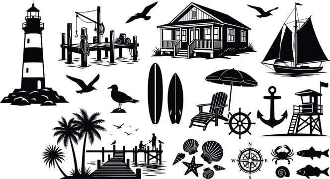 Coastal and nautical silhouettes with lighthouse, sailboat, beach elements, marine life, and seaside lifestyle icons for design projects