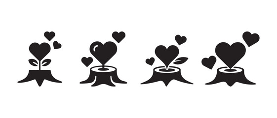 Fototapeta premium Black heart growing from tree stump with leaves and smaller hearts floating around, representing love and new beginnings.