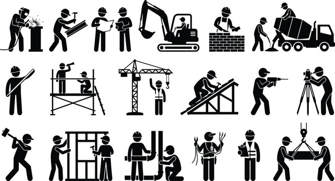 Construction worker silhouettes with hard hats performing welding, bricklaying, surveying, crane operation, and diverse building site activities