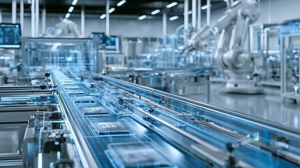 Fototapeta premium Ultra modern AI pharmaceutical factory with sterile robotic packaging line, futuristic medical production environment