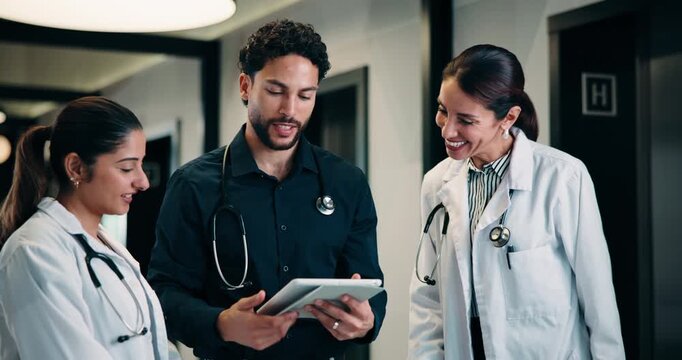 Medical, high five or team in hospital with tablet, good news or positive feedback on treatment plan. People, collaboration or doctor with tech, surgery success or research breakthrough in healthcare