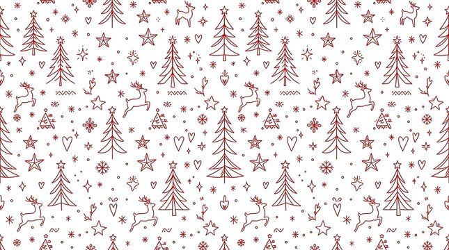 Seamless red and white christmas pattern with reindeer and trees