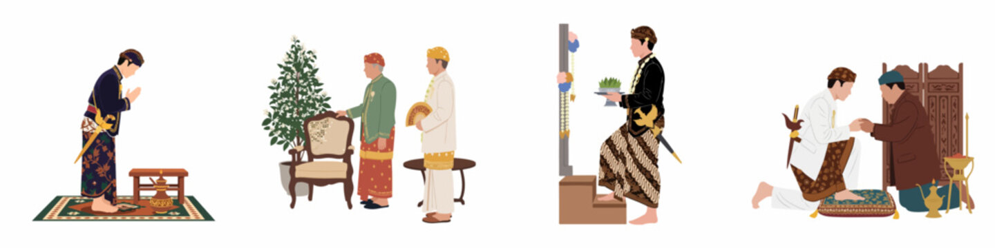 Set of Illustrations Depicting Traditional Javanese Wedding Rituals and Ceremonies in Indonesia, Featuring Men in Traditional Attire and Authentic Cultural Customs.