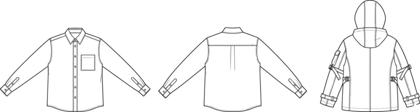 Technical fashion sketches of button-up shirt front and back with hooded jacket construction details and garment outlines