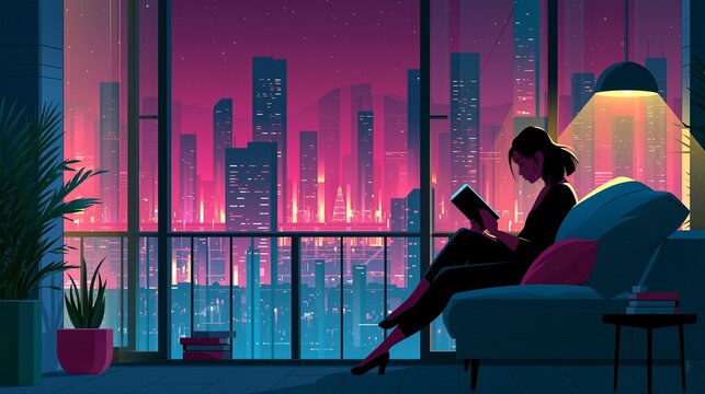 Woman reading an e-book on a balcony overlooking a neon city at night with soft indoor lighting and urban lifestyle in bold minimalist vector artwork.