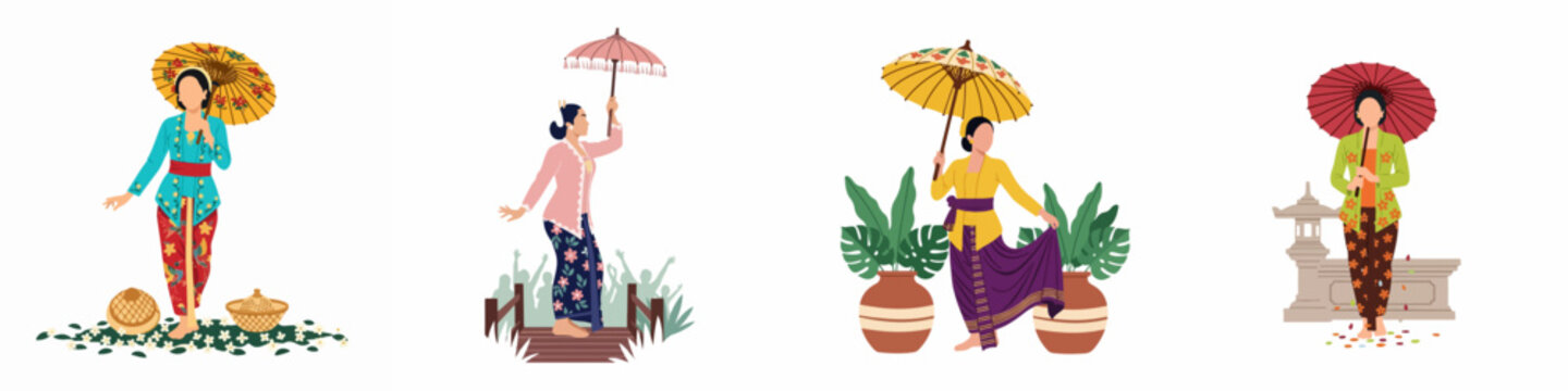 Set of flat vector illustrations featuring women in traditional Indonesian kebaya and batik holding umbrellas in various cultural settings.