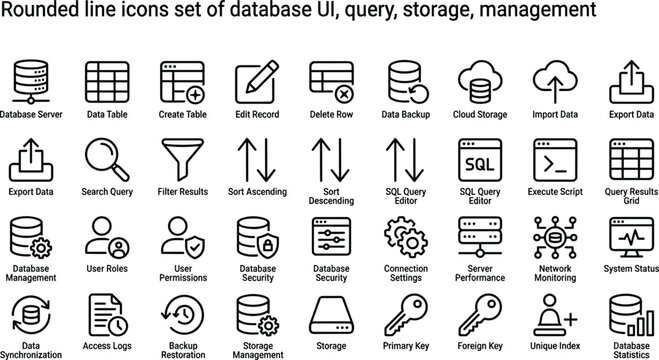 Database UI icons collection for query storage, data management, server administration and digital interface design