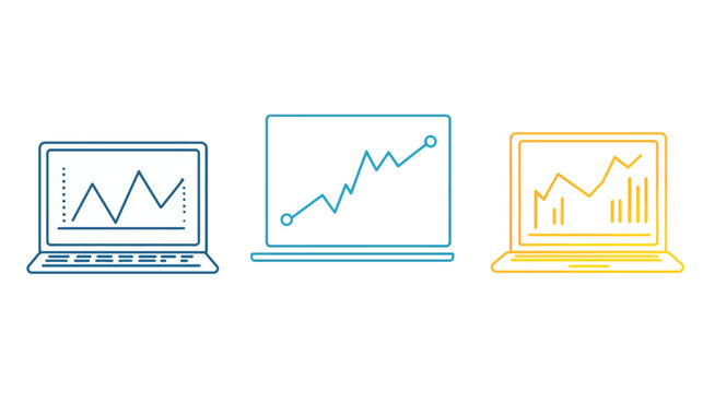 Three stylized laptop icons with graphs and charts representing data analysis and growth