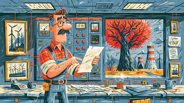 Engineer inspecting renewable energy control systems in a sleek facility with clean industrial design in elegant minimalist flat art illustration style.