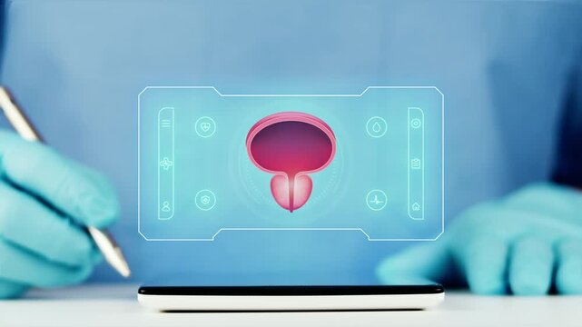 The doctor presents a digital interface of the prostate on his tablet using a hologram. Urology concept, AI-powered telemedicine for prostate monitoring and analysis, urological data detection.