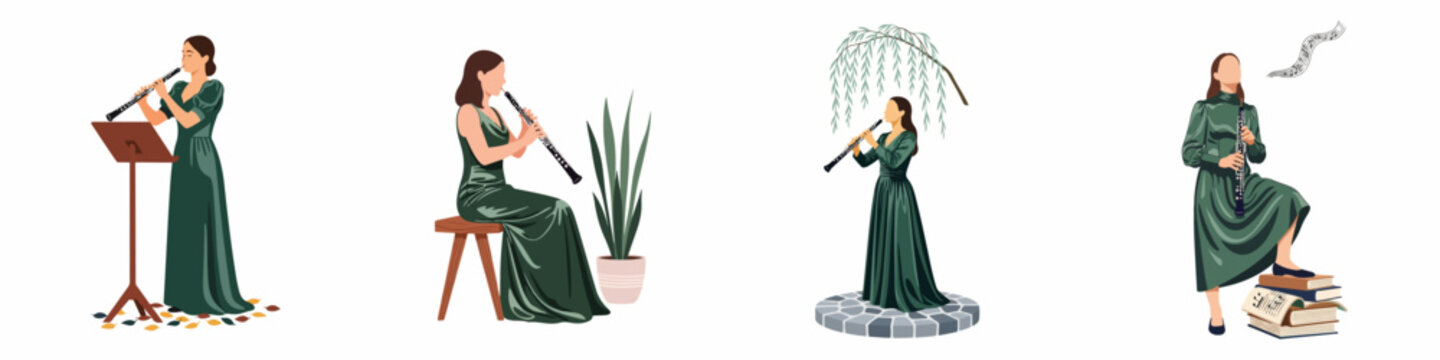 Set of flat illustrations featuring a woman playing the oboe in elegant green gowns across different artistic scenes, isolated on white background.