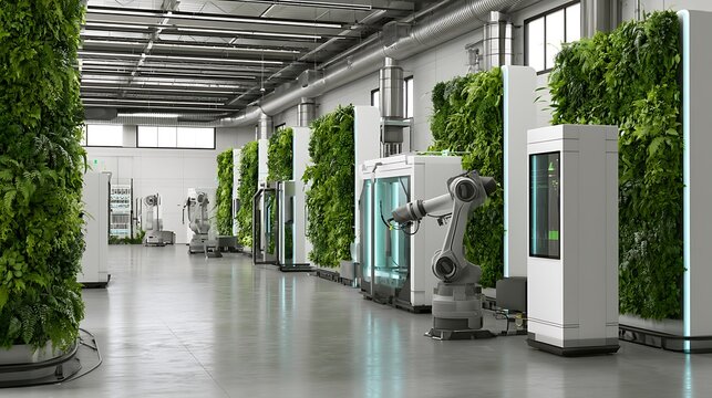 Smart green factory interior with vertical gardens and autonomous robots, renewable energy powered manufacturing, futuristic sustainable industry concept