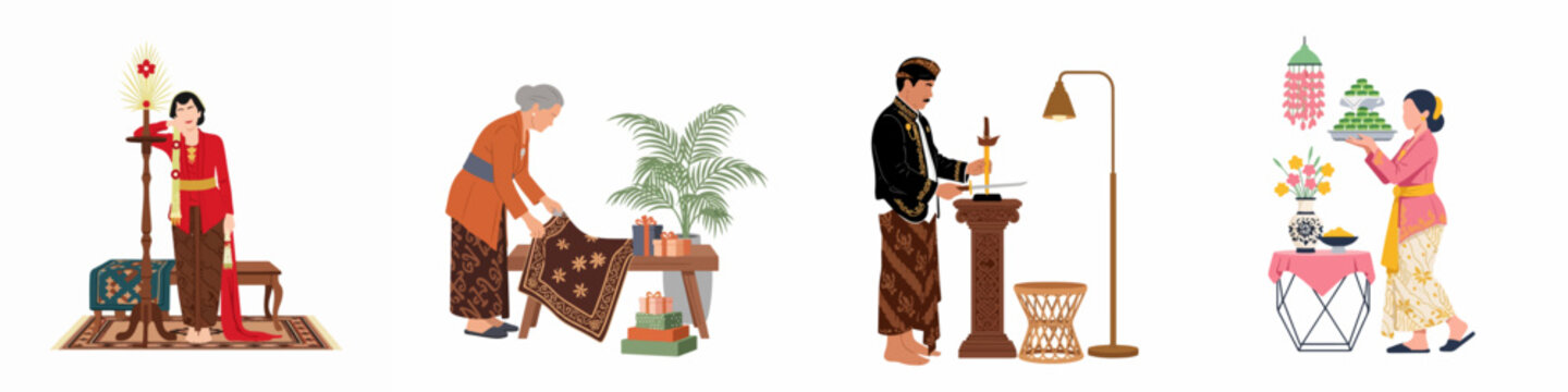 Collection of traditional Javanese cultural illustrations featuring people in traditional Indonesian attire performing various customary activities and rituals.