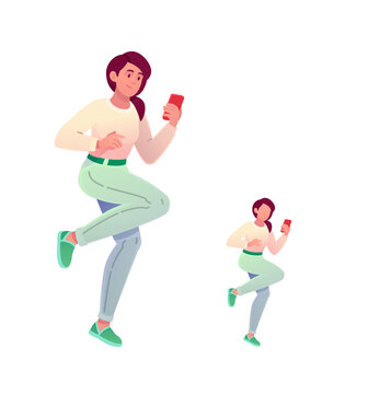 Happy woman with smartphone vector cartoon character set. Vector illustration of a smiling young woman jumping with a mobile phone in different sizes, ideal for app design and social media.