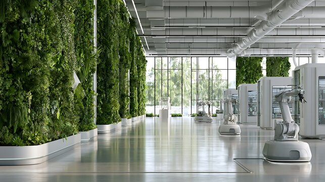 Smart green factory interior with vertical gardens and autonomous robots, renewable energy powered manufacturing, futuristic sustainable industry concept