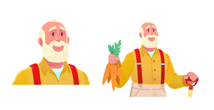 Senior gardener character mascot and avatar set. Cartoon farmer holding carrots, ideal for healthy food branding, organic market identity, logo design, corporate mascot, and commercial marketing.