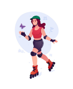 Young woman rollerblading in helmet and protective gear vector illustration. Happy girl skating on roller skates. Active summer outdoor sport, healthy lifestyle concept.