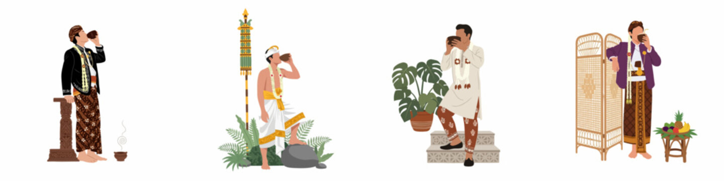 Collection of Indonesian Men in Traditional Wedding Attire Drinking Herbal Drinks or Water, Showcasing Diverse Cultural Heritage in Flat Vector Illustration Style.