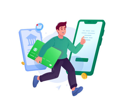 Man running with credit card interacting with mobile banking app on smartphone screen vector illustration. Online money transfer, fast financial payment and digital cashback concept.