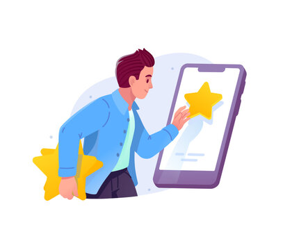 Man putting gold star rating on smartphone screen vector illustration. Mobile app feedback, customer review, digital rank ranking and online reputation management concept.