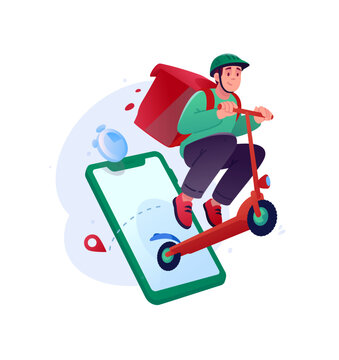 Delivery man riding scooter out of smartphone screen vector illustration. Couriers fast food delivery service, online tracking application and express logistics concept.