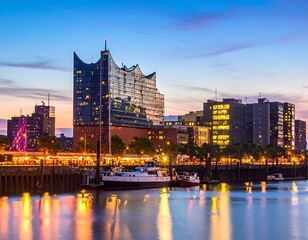 Obraz premium A serene cityscape at dusk with boats on calm waters