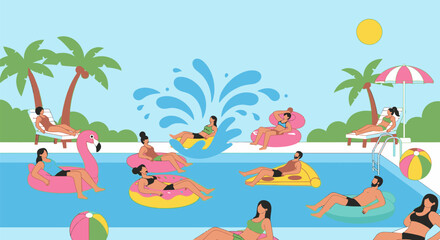 Obraz premium People relax on inflatable floats and lounge by a swimming pool with palm trees and a sunny sky in a tropical resort.