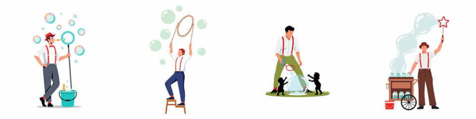 Set of flat vector illustrations featuring a professional bubble artist performing various magic soap bubble tricks for entertainment and fun. © Nadya
