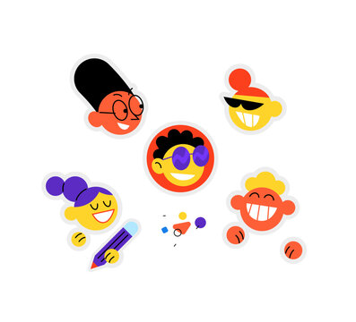 Cute cartoon character avatars and emoji sticker set. Funny diverse people faces with smiles, glasses and pencil vector illustration. Friendly community social media profile icons pack.