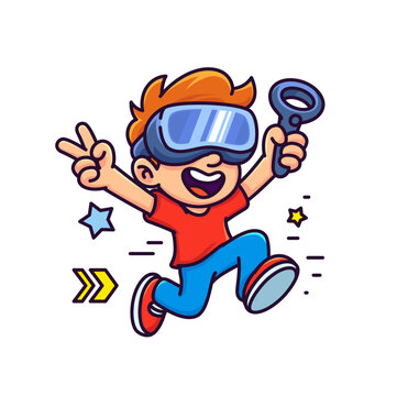 Cute boy jumping in VR headset holding controller vector illustration. Happy kid playing virtual reality video game showing peace sign. Active gamer mascot, futuristic gaming concept.
