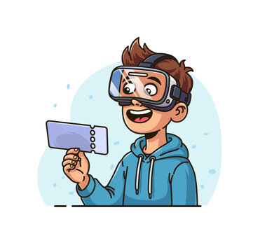 Young guy wearing VR headset holding ticket vector illustration. Happy teenager playing virtual reality game, cyber travel, digital booking and entertainment concept.