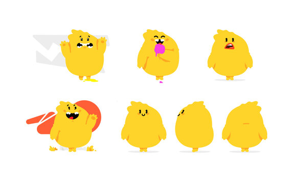 Cute yellow monster character emotions and poses sticker sheet set. Funny cartoon chick mascot vector illustration for kids design, UI avatar, facial expressions sheet.