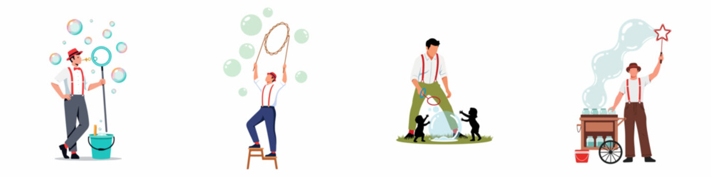 Set of flat vector illustrations featuring a professional bubble artist performing various magic soap bubble tricks for entertainment and fun.