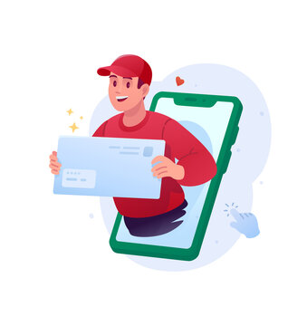 Happy young man in a red cap holding a giant blue paper envelope while appearing from a smartphone screen. Vector flat illustration of digital email delivery, mobile application 