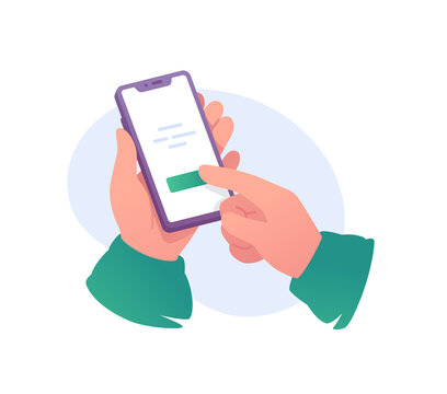 Hands holding smartphone and tapping green button vector illustration. Mobile app user interface, digital screen interaction, online confirmation and login concept.
