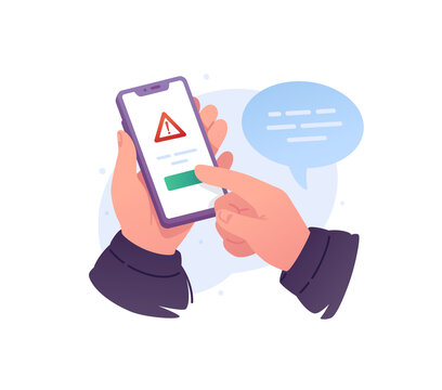 Hands holding smartphone with warning alert icon on screen vector illustration. Mobile app error notification, digital fraud cyber security threat and problem concept.