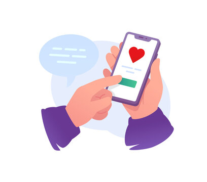 Hands holding smartphone with red heart on screen vector illustration. Online dating app, social media like, virtual love match and romantic chat communication concept.