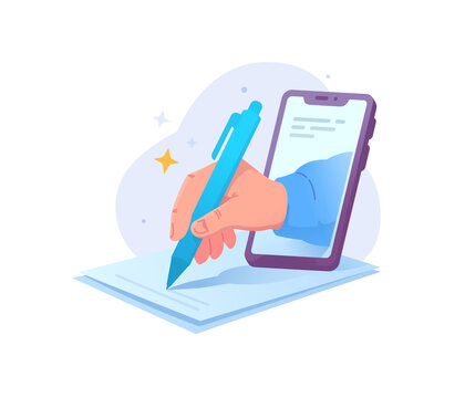 Hand with pen appearing from smartphone screen writing on paper document vector illustration. Digital electronic signature, online contract agreement and distance education concept.