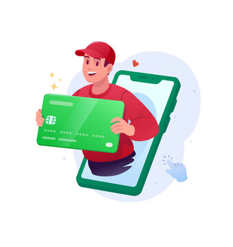 Happy young man in a red cap holding a giant green credit card while appearing from a smartphone screen. Vector flat illustration of mobile banking app navigation, contactless digital payment