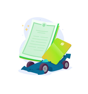 Racing car with insurance document and bank card vector illustration. Auto loan, fast vehicle payment, car buying and sports transport protection concept.