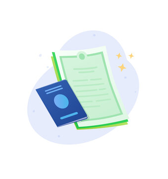 Blue passport with official document papers vector illustration. Identity card, travel visa, agreement contract, business license and citizen registration concept.