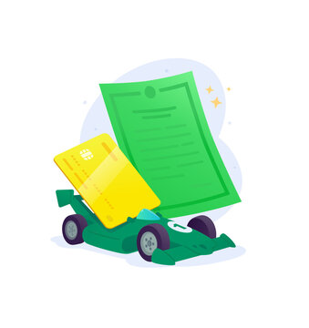 Green racing car with credit card and registration document vector illustration. Auto loan, fast vehicle payment, motorsport insurance and buying car concept.