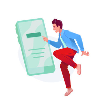 Man interacting with smartphone interface screen vector illustration. Mobile app user, digital online registration, tap button and login concept. Happy customer browsing website.