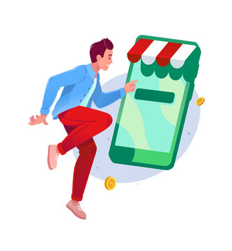 Man running to smartphone shop vector illustration. Online shopping, mobile e-commerce, digital store purchase and retail discount concept. Happy customer making order.