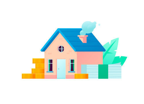 Real estate investment and property mortgage vector illustration. Small house with money cash stacks and gold coins. Home savings, buying house and banking loan concept.