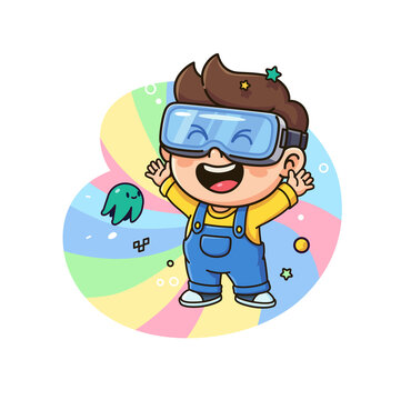 Cute boy wearing VR headset headset vector illustration. Happy kid playing virtual reality video game in cyberspace with rainbow background. Gamer mascot, futuristic tech concept.